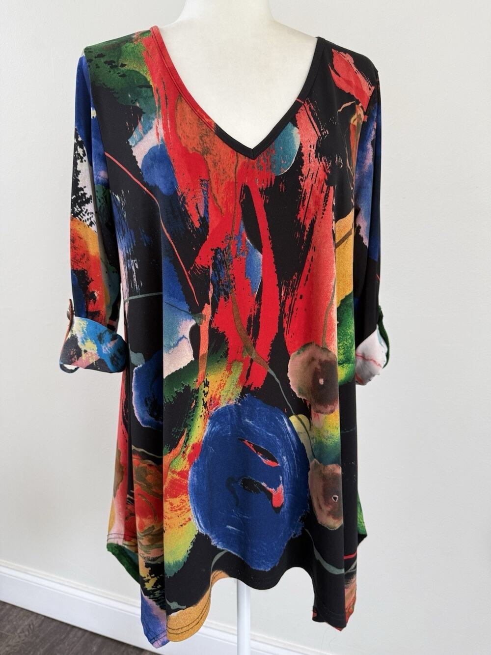 LIOR París Women's Petite Abstract Floral V-Neck 3/4 Sleeve Tunic Top Sz PL